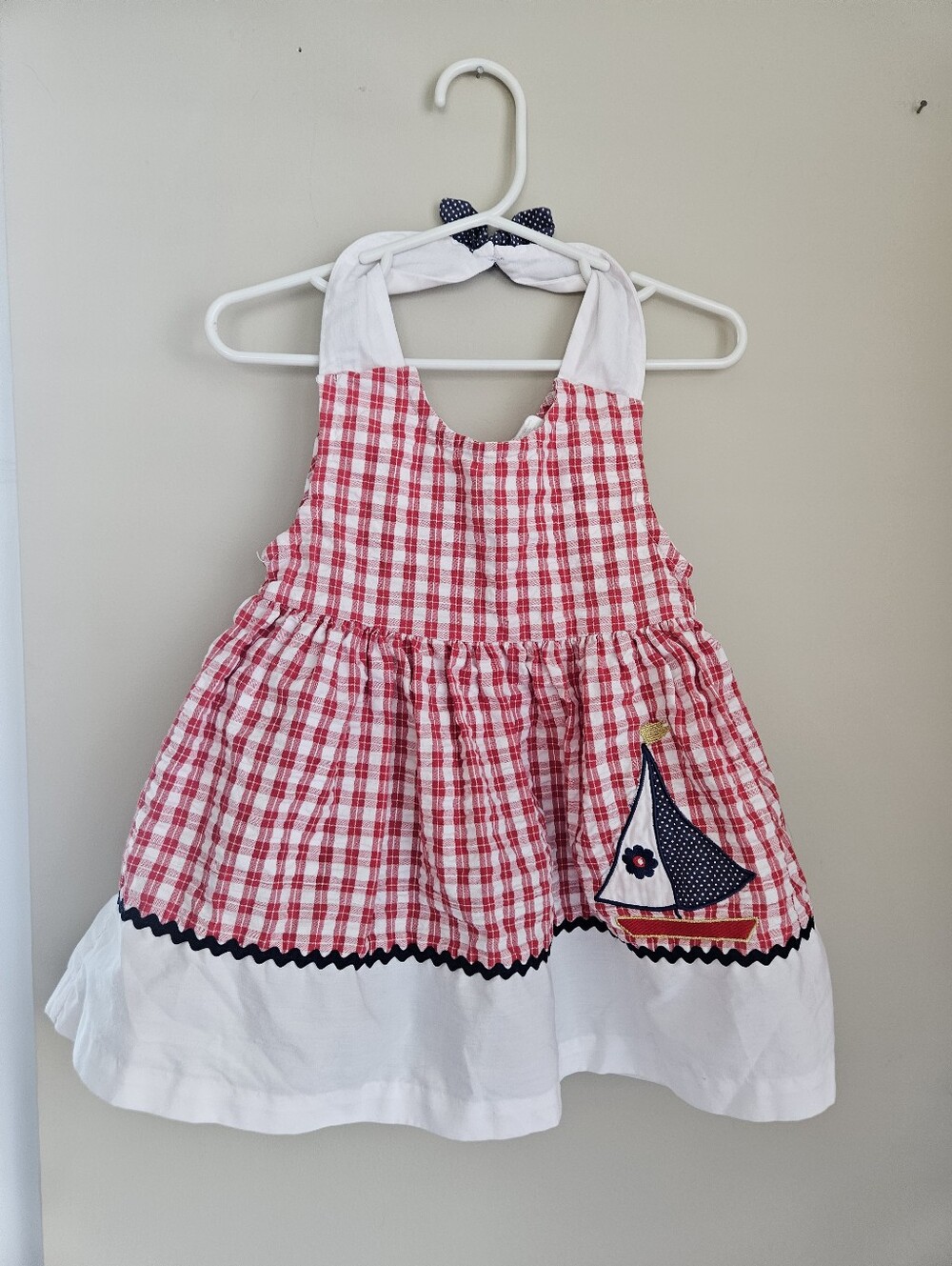 Red & White Plaid Halter Toddler Dress with Sailboat Appliqué 4th July 12m Baby